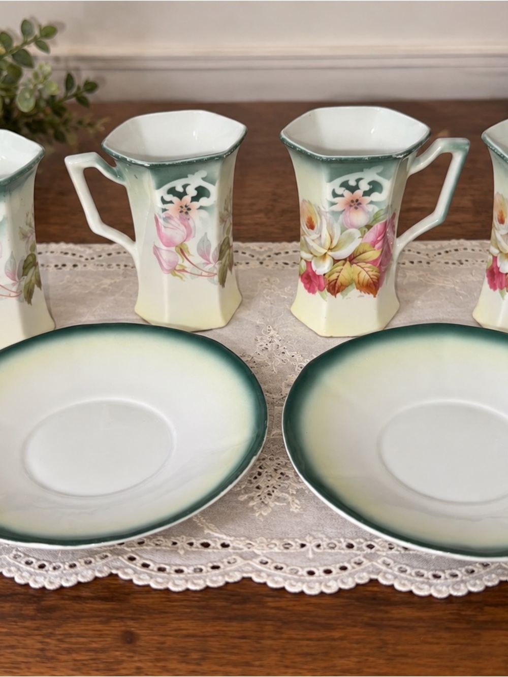 Vintage German Floral Porcelain Cups & Saucers Set of 6 Green Pink Roses